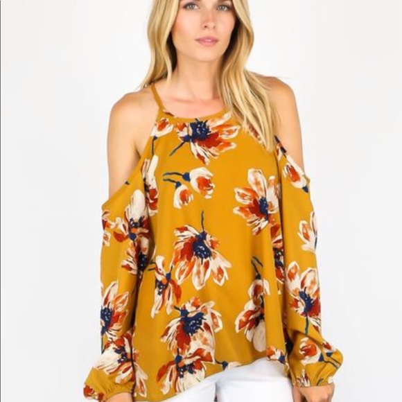 yellow floral cold shoulder top